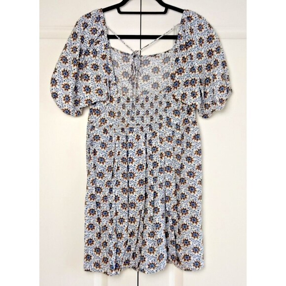 LOFT BEACH Sundress Womens Small Cream Blue Boho Coverup Dress Abstract Floral - Picture 7 of 13